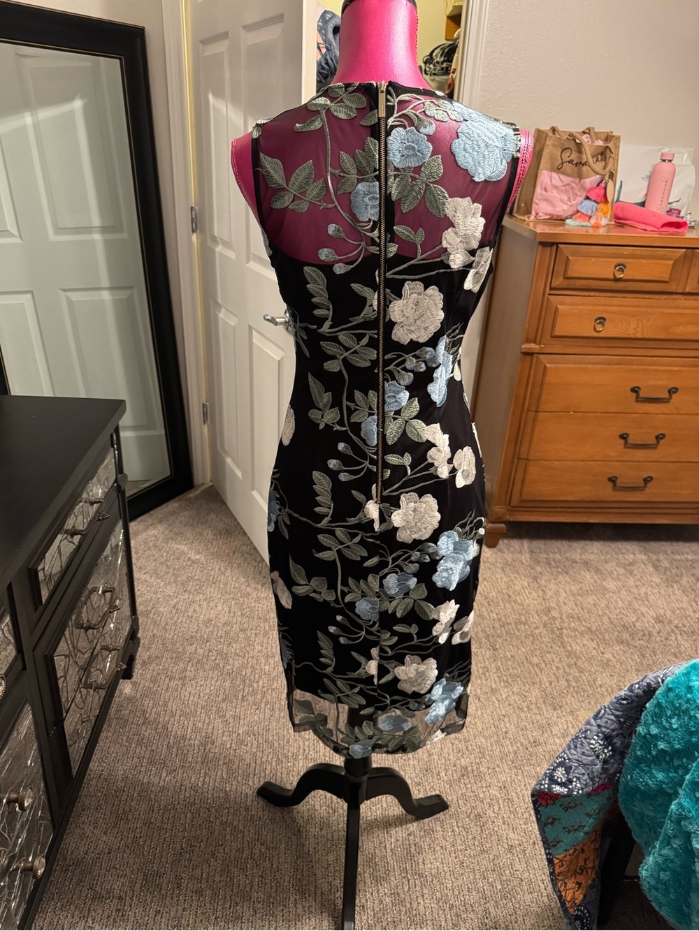 Calvin Klein Black Midi Dress with Blue and Ivory Floral Embroidery